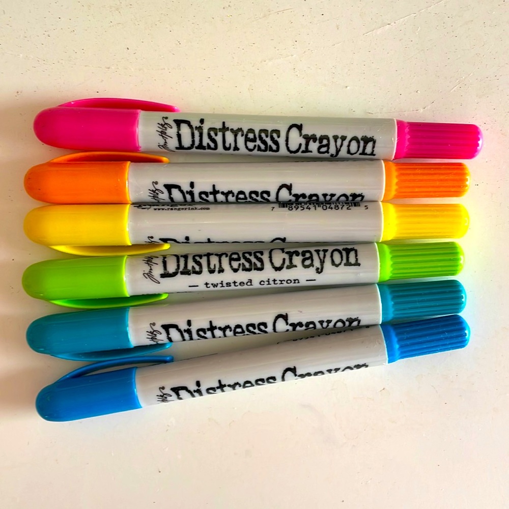 Tim holtz distress crayon set. Six bright colors used once.